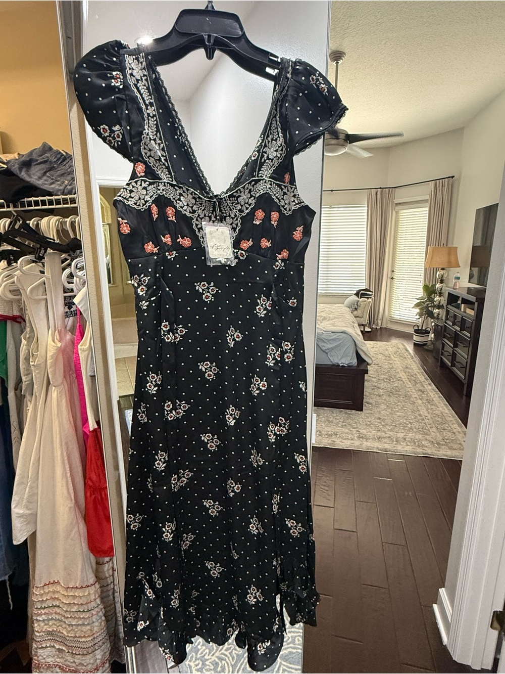 Free People Black Floral Embroidered V-Neck Midi Dress